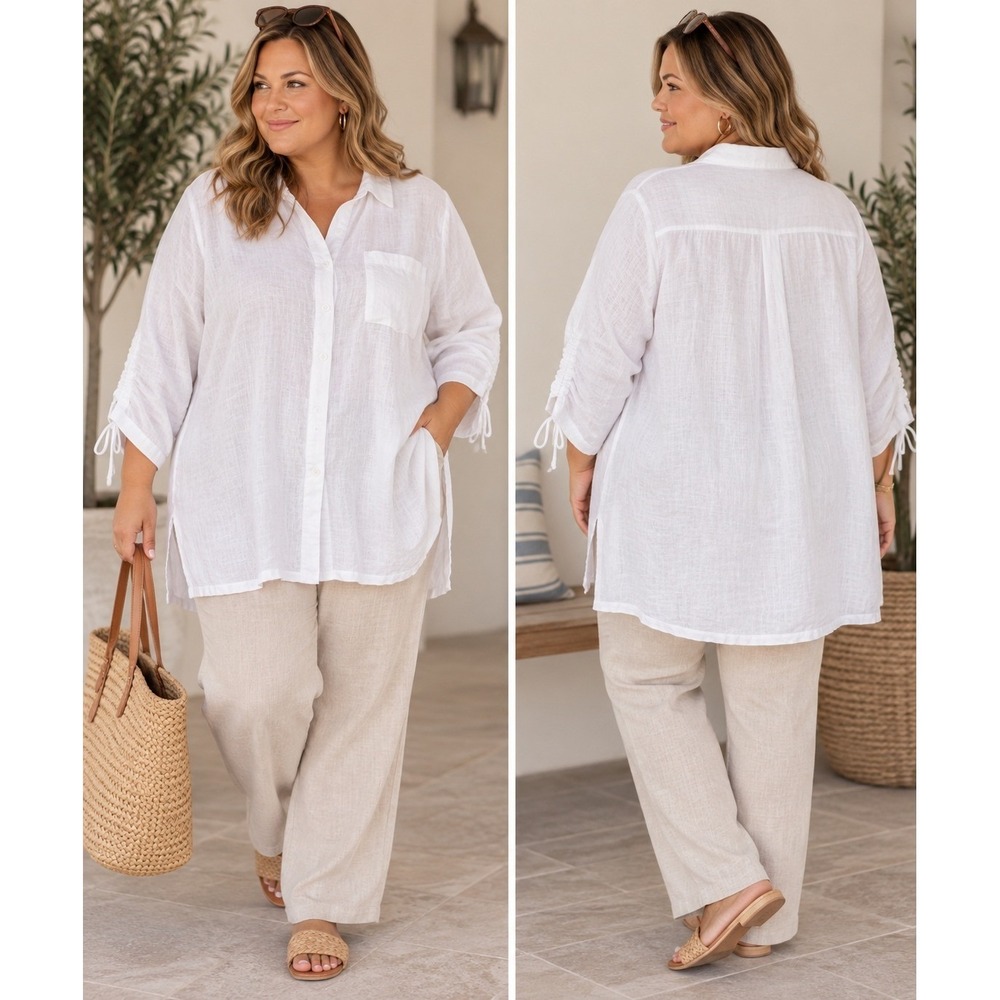 Go Silk Go Woman Shirt 3X White 100% Linen Oversized Tunic Lagenlook Coastal
